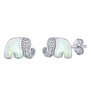 Elephant Stud Earring Simulated Cubic Zirconia Created White Opal Solid 925 Sterling Silver (6.7mm)